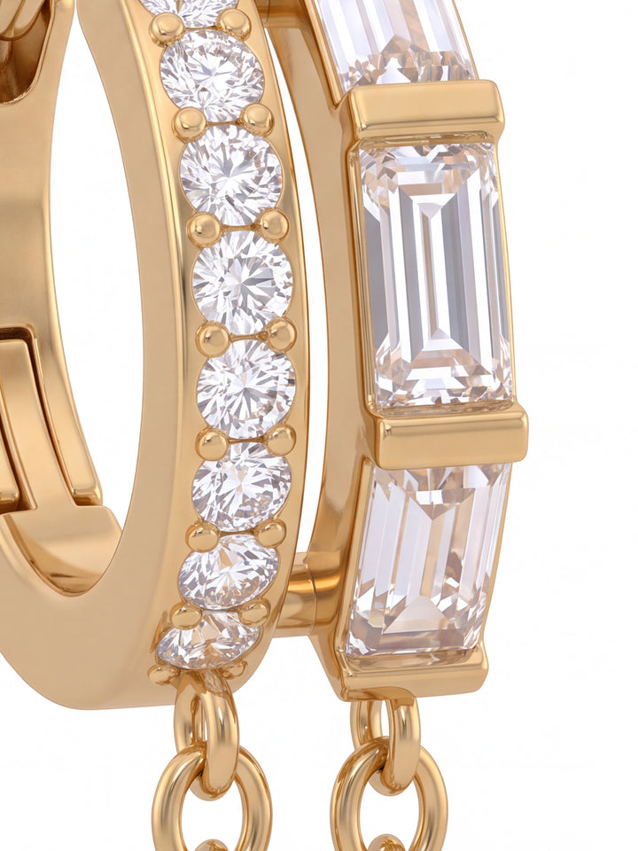 Par Arracada Doble Zirconias Y Baguettes Con Cadena