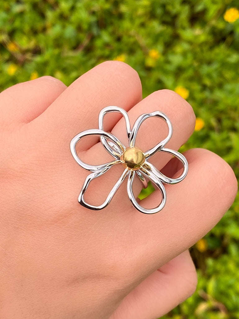 Anillo Plateado Contorno Flor Con Bolita