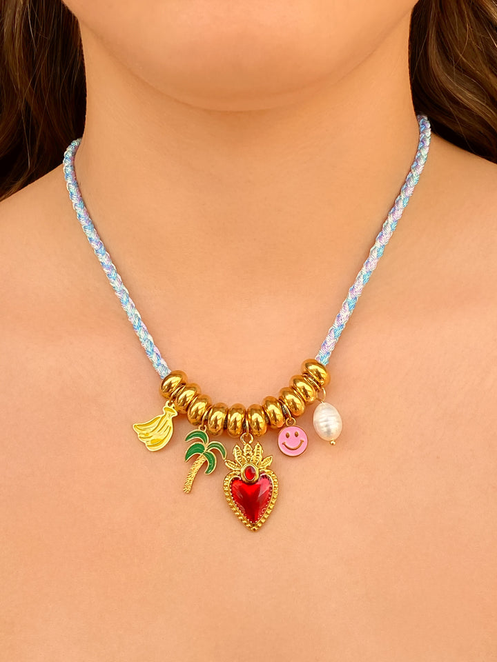 Collar Celeste y Azul Con Dije Corazon, Palmera