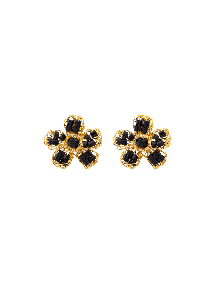 Par Arete Mini Flor Negro Con Dorado
