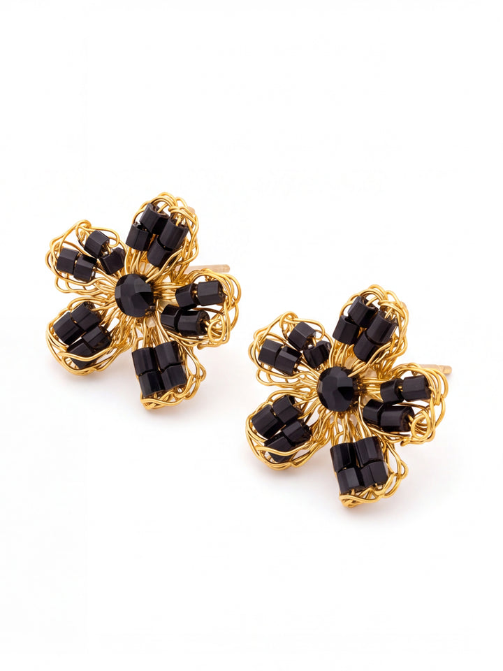 Par Arete Mini Flor Negro Con Dorado