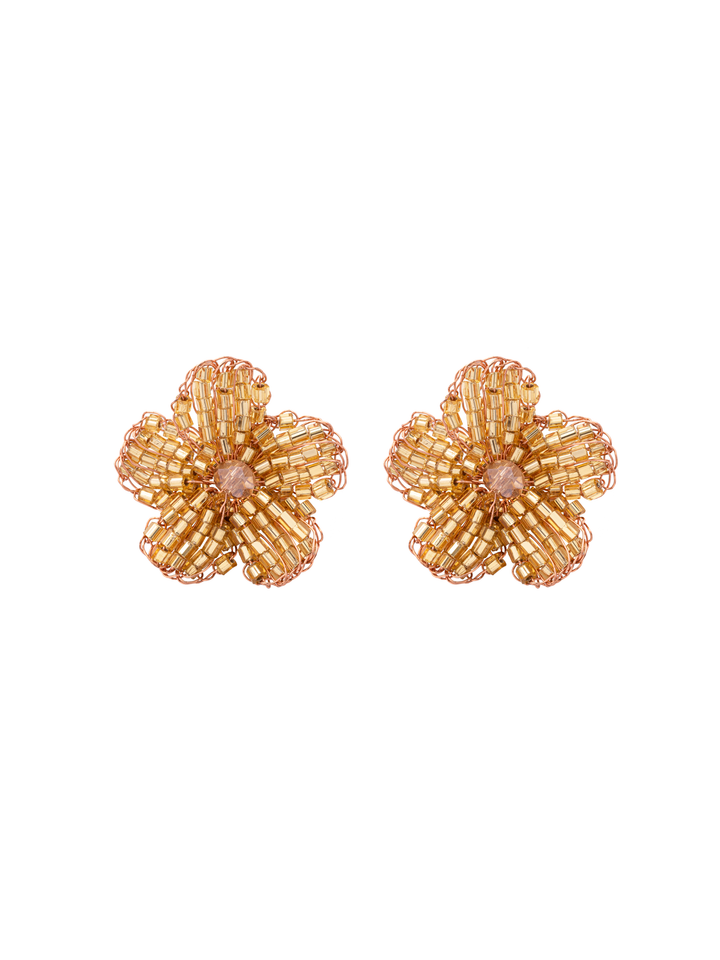 Par Arete Flor Cinco Petalos Dorado Con Rosa