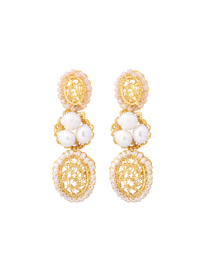 Par Arete Doble Ovalo Tejido Con Tres Perlas