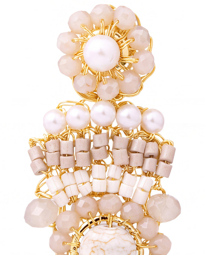 Par Arete Largo Flor Con Piedras Beige