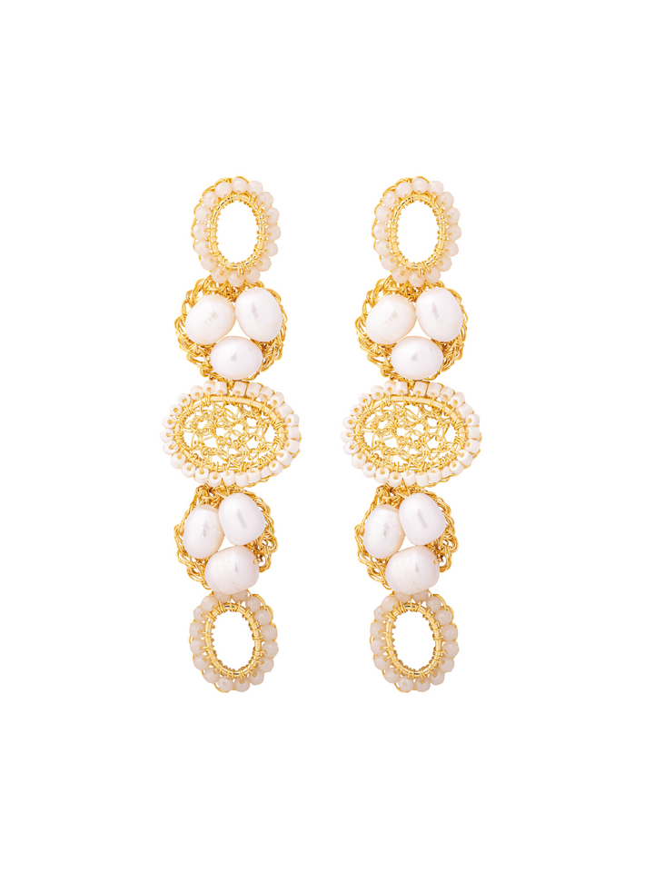 Par Arete Triple Ovalo Tejido Con Perlas