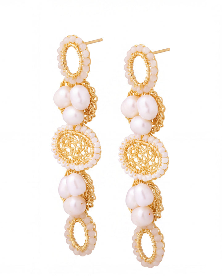 Par Arete Triple Ovalo Tejido Con Perlas