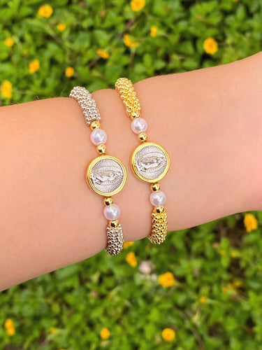 Pulsera Medalla Virgen Combinada Dos Perlas