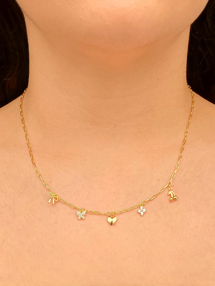 Collar Con Dije Moño, Cereza, Corazon y Mariposa