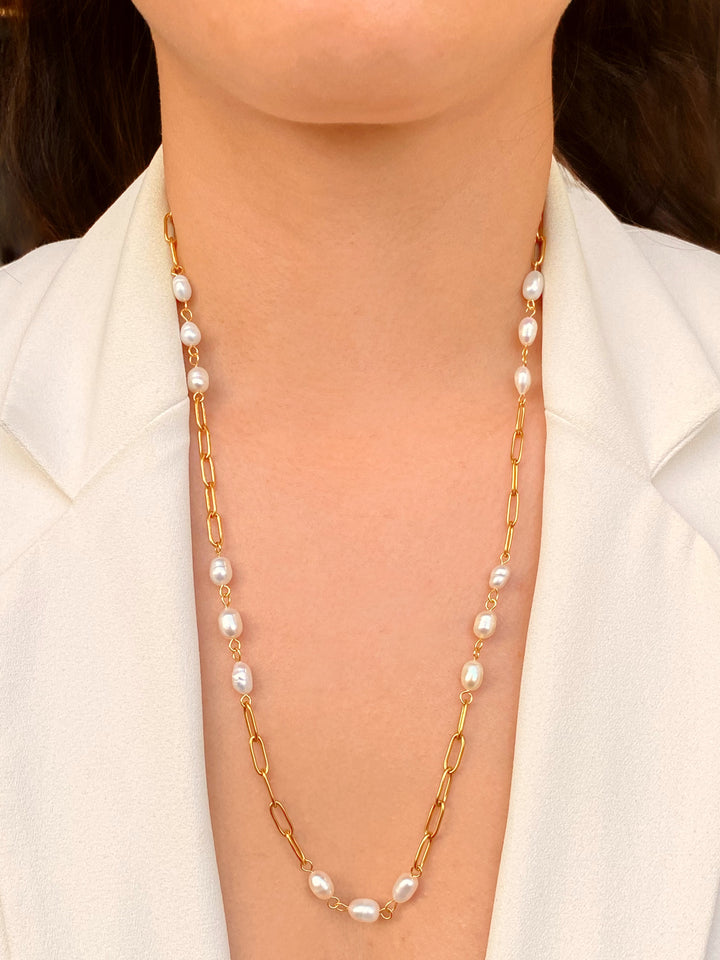 Collar Largo Eslabon Con Perlas