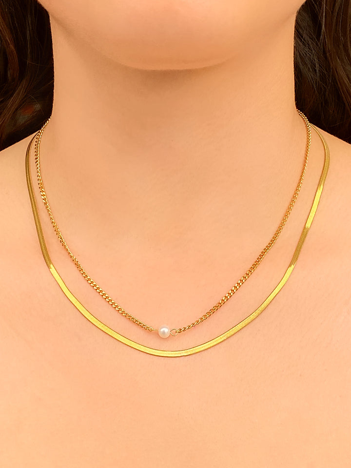 Collar Doble Cadena Planchada Con Perla