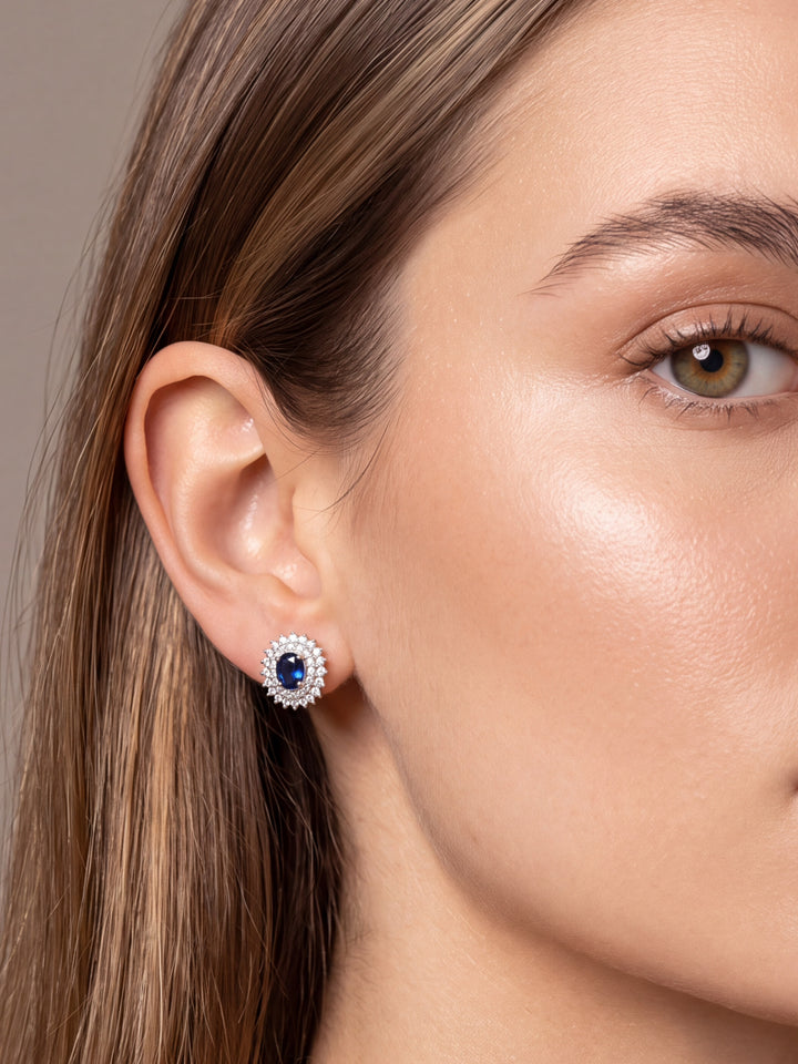Par Arete Zafiro Corte Oval Con Doble Halo De Diamantes 1.5 CTTW