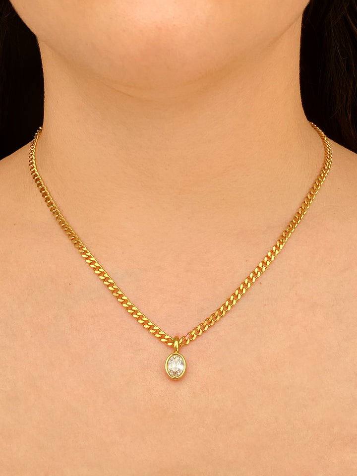 Collar Eslabon Cubano Con Dije Ovalado Zirconia