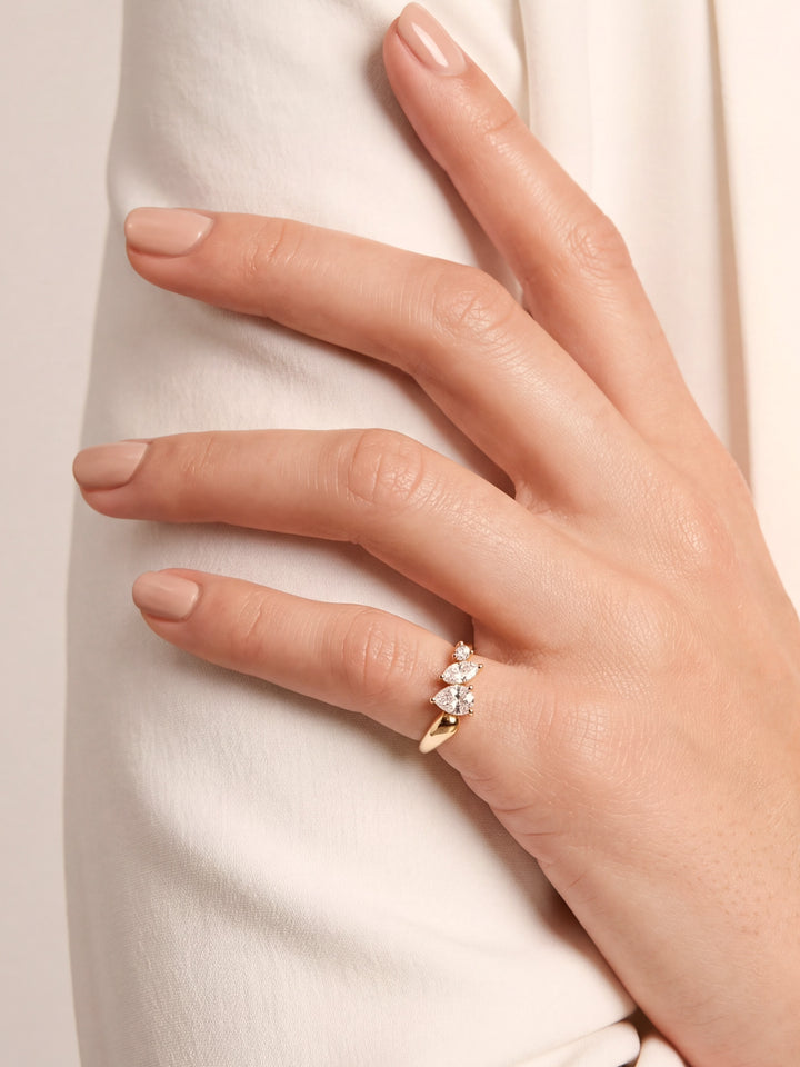 Anillo Triple Zirconia Corte Mixto Con Gota