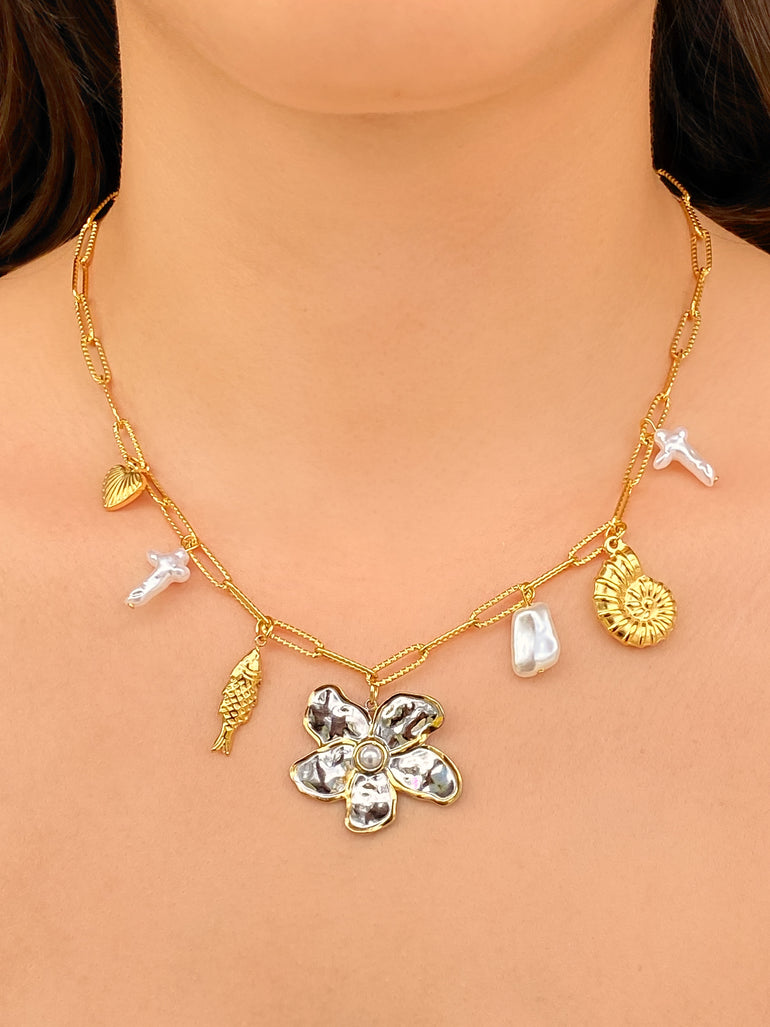 Collar Eslabones Dije Flor, Perla Y Pez