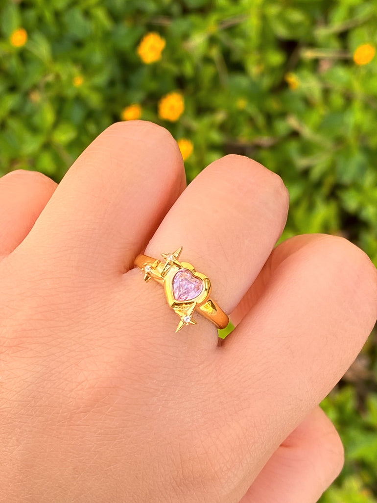 Anillo Corazon Rosa Con Destellos