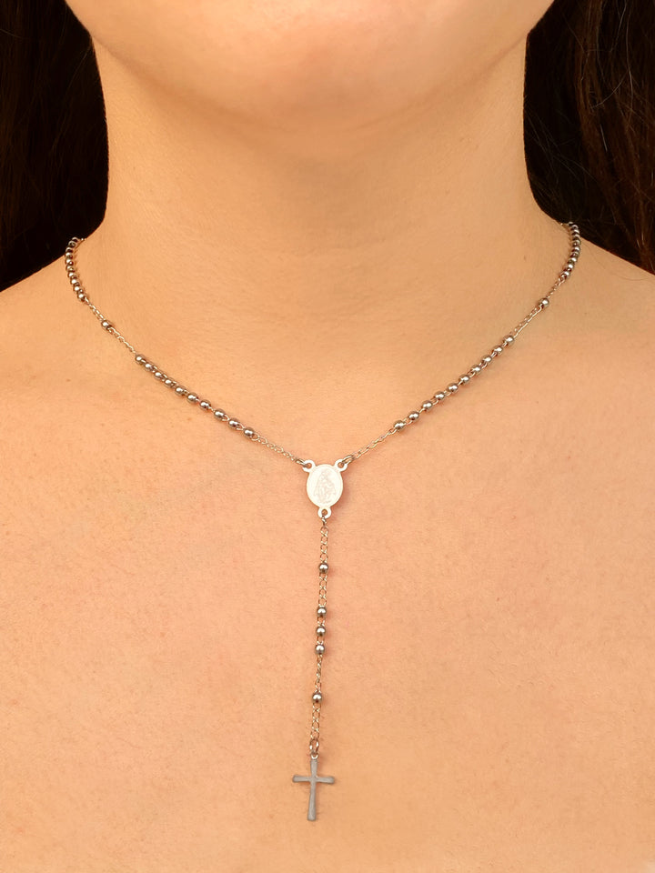 Collar Plateado Bolitas Con Cruz