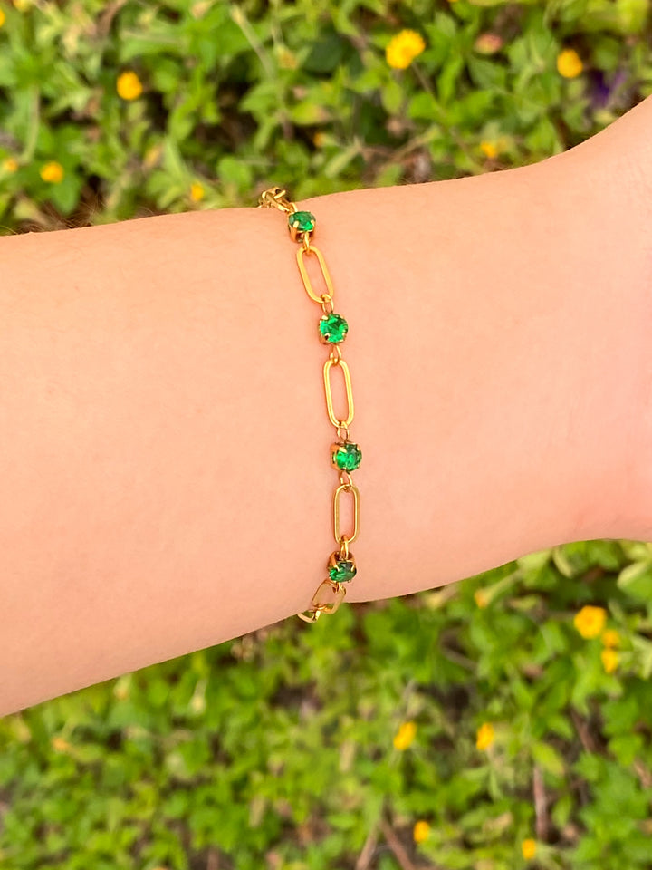 Pulsera Eslabones Cinco Zirconias Verdes