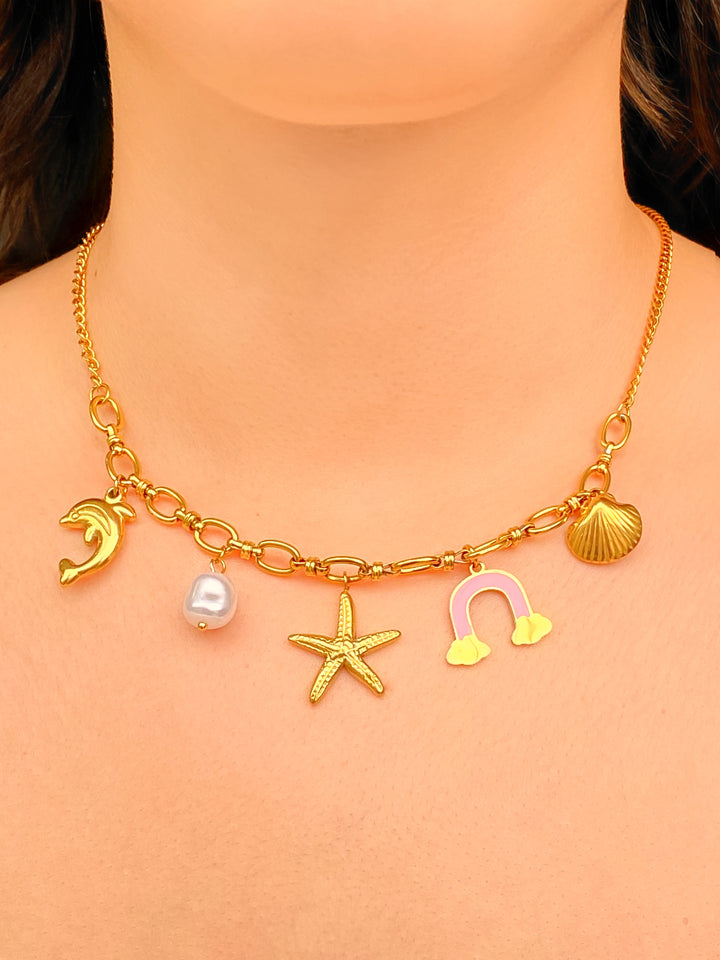 Collar Eslabon Dije Estrella, Delfin y Concha