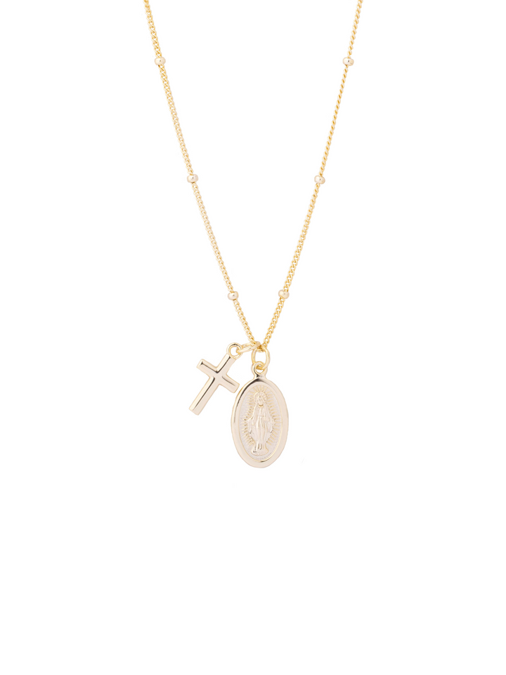 Collar Bolitas Con Virgen Y Cruz