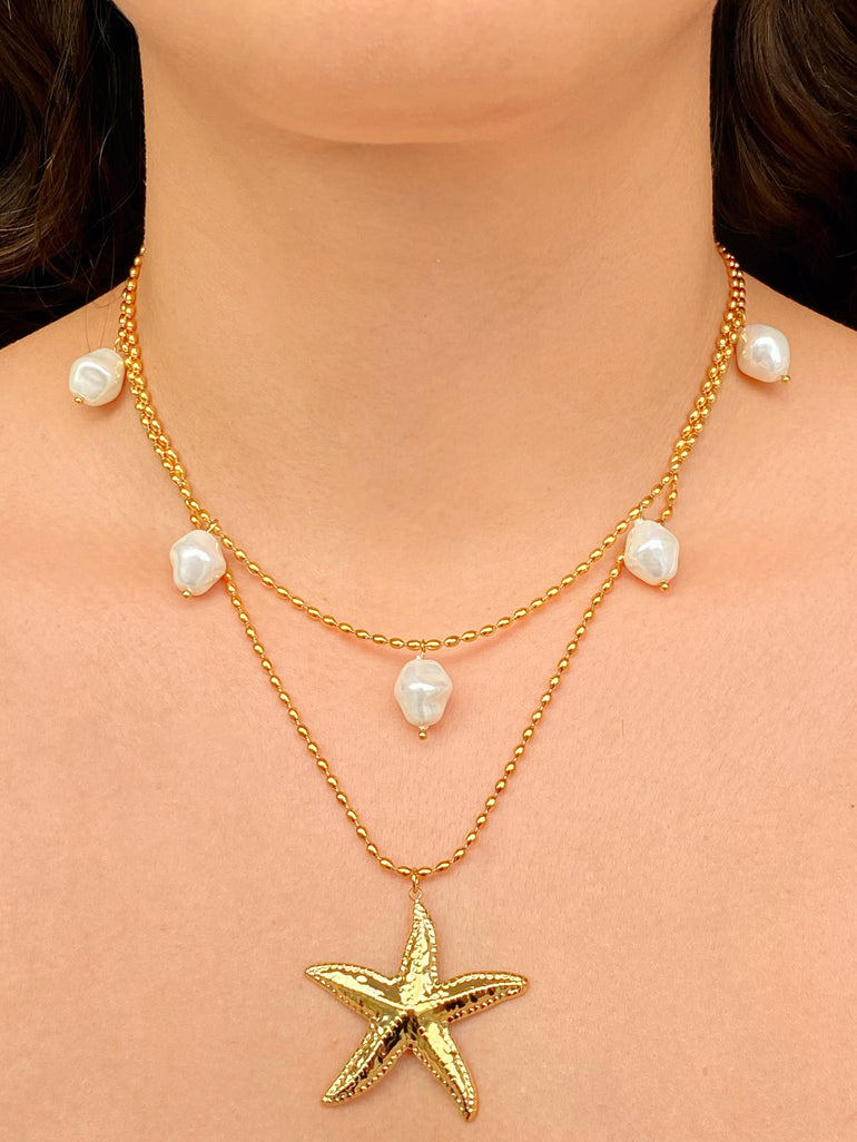 Collar Doble Con Perlas Y Estrella De Mar