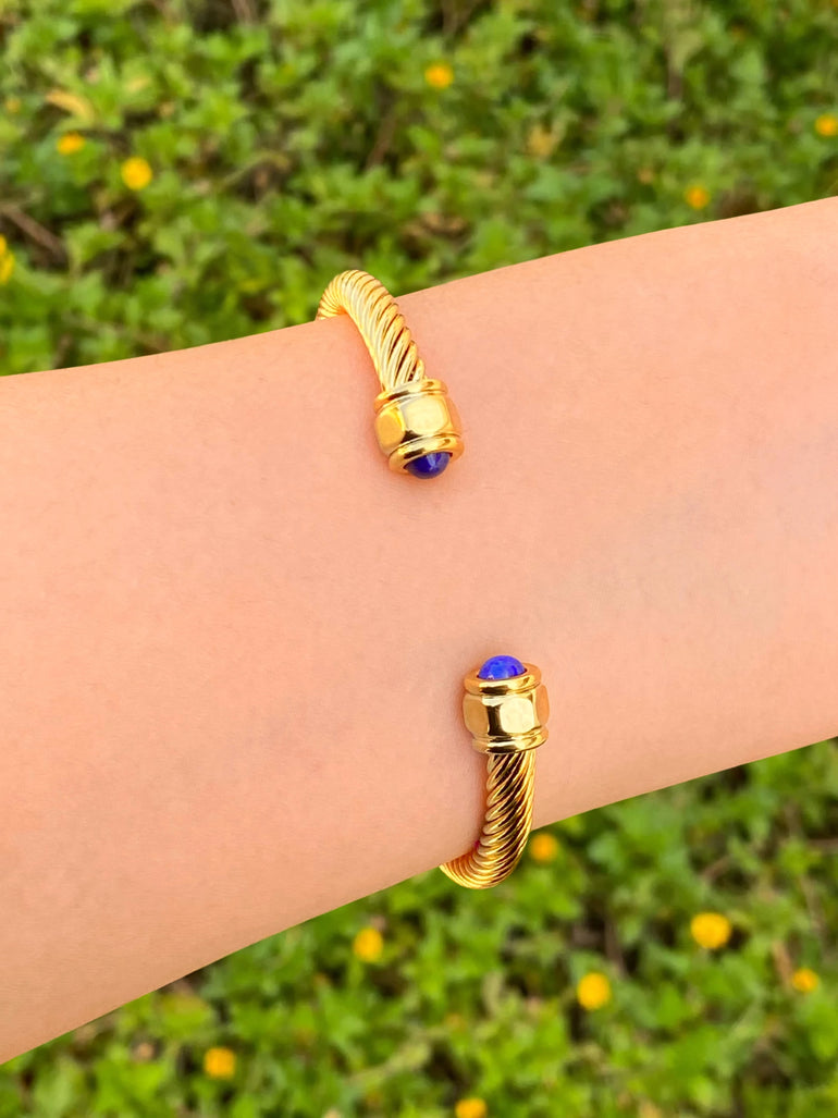 Brazalete Trenzado Borde Dorado Con Piedra Azul