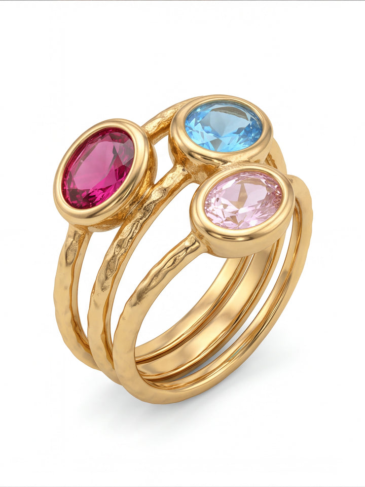 Anillo Con Triple Zirconia Ovalada Colores