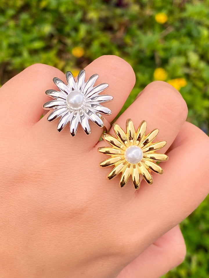 Anillo Flor Margarita Con Perla