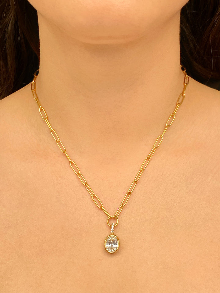 Collar Eslabon Tipo Clip Con Zirconia Ovalada