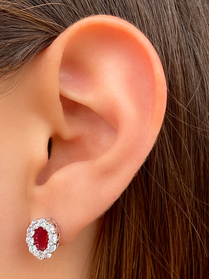 Par Arete Ovalado Rojo Con Zirconia