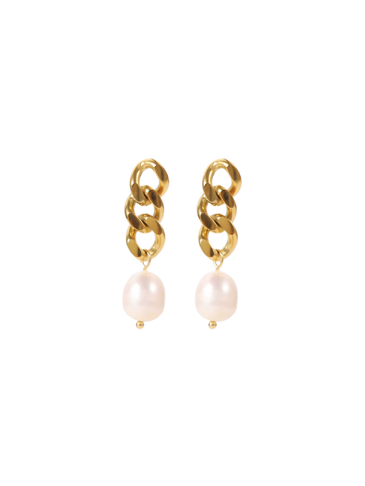 Par Arete Cadena Tres Eslabones Con Perla