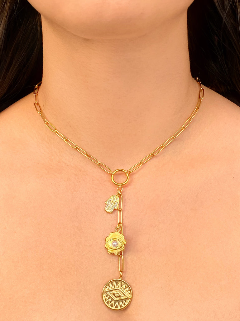 Collar Eslabones Con Dije Ojo y Mano de Fatima