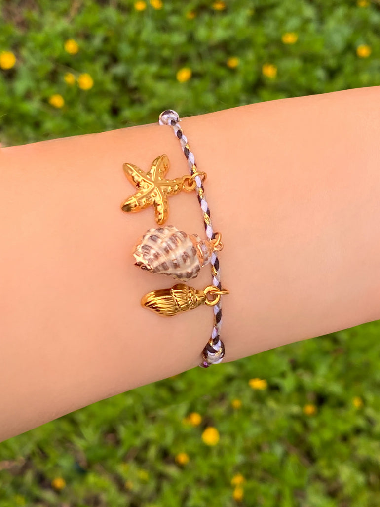 Pulsera Hilo Negro Dije Caracol y Estrella