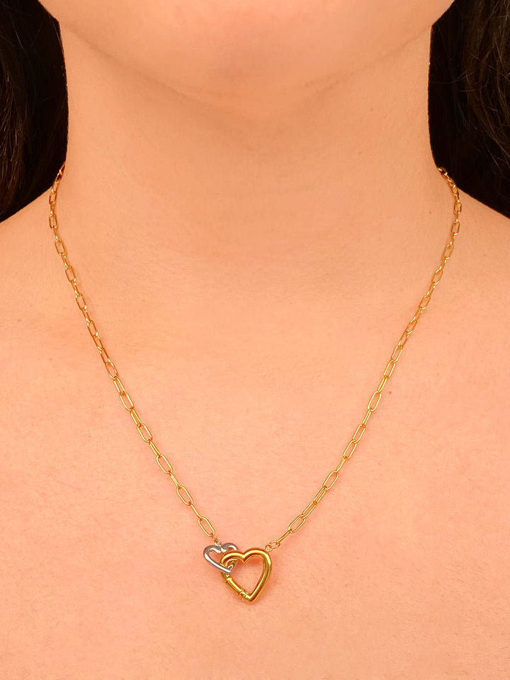 Collar Eslabon Con Dije Doble Corazon Combinado