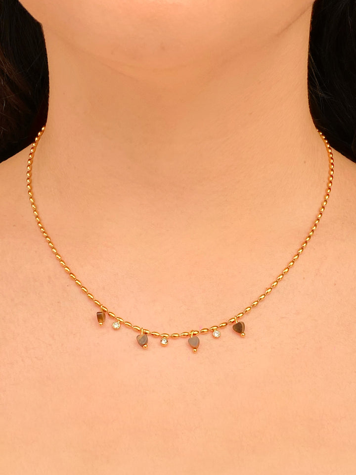 Collar Bolitas Ovaladas Con Corazones Cafe