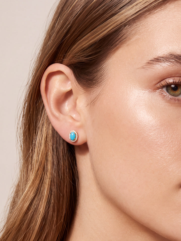 Par Arete Turquesa Oval Con Halo De Diamantes 0.87 CTTW