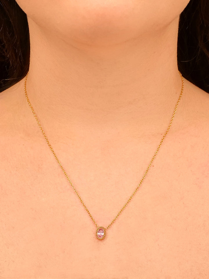 Collar Con Dije Ovalado Zirconia Rosa