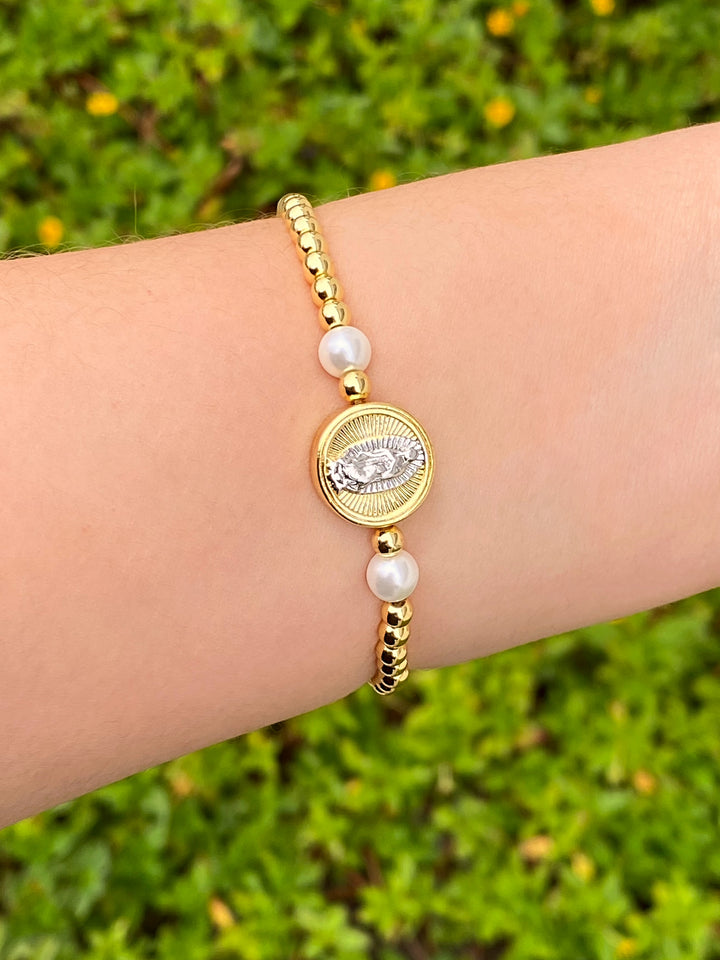 Pulsera Bolitas Virgen Plateada Con Perlita