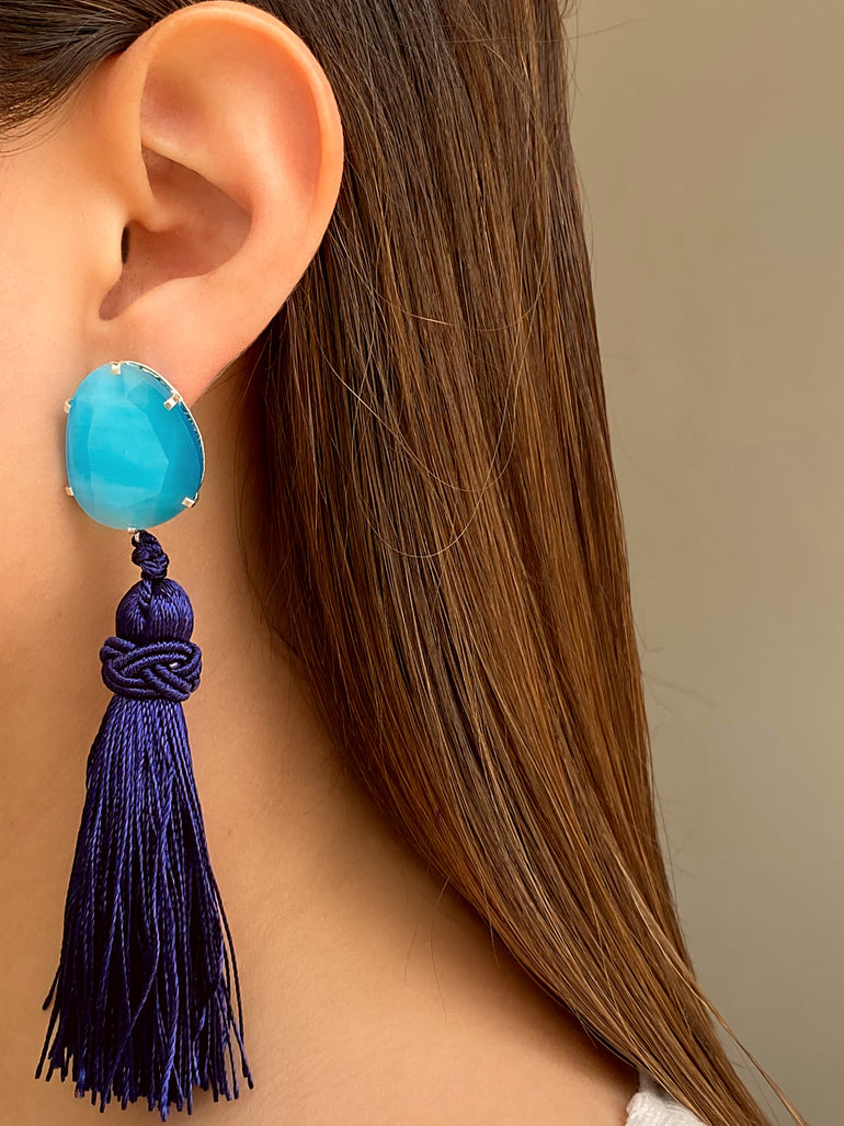 Par Arete Ojo de Gato Celeste Con Colgante Azul