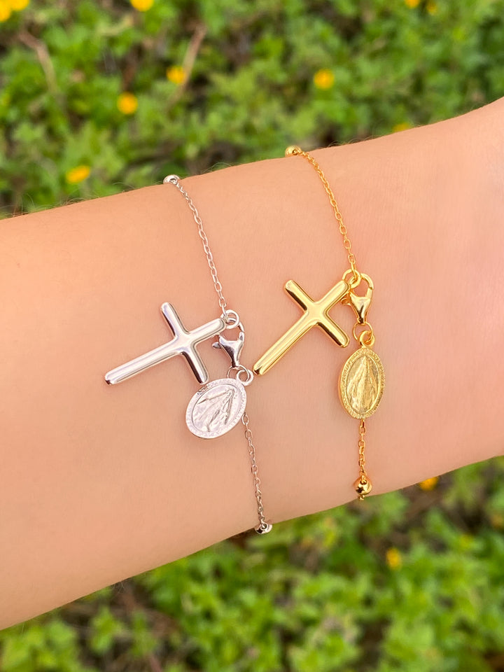 Pulsera Tipo Rosario Con Cruz y Virgen