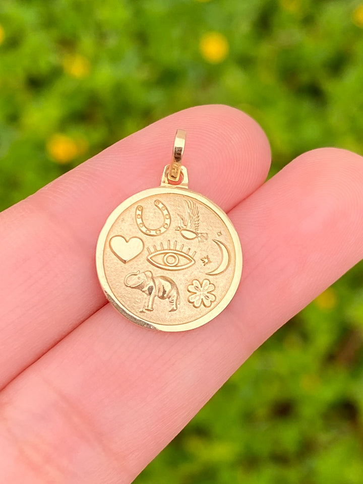 Dije Medalla Con Figuras Oro 14k