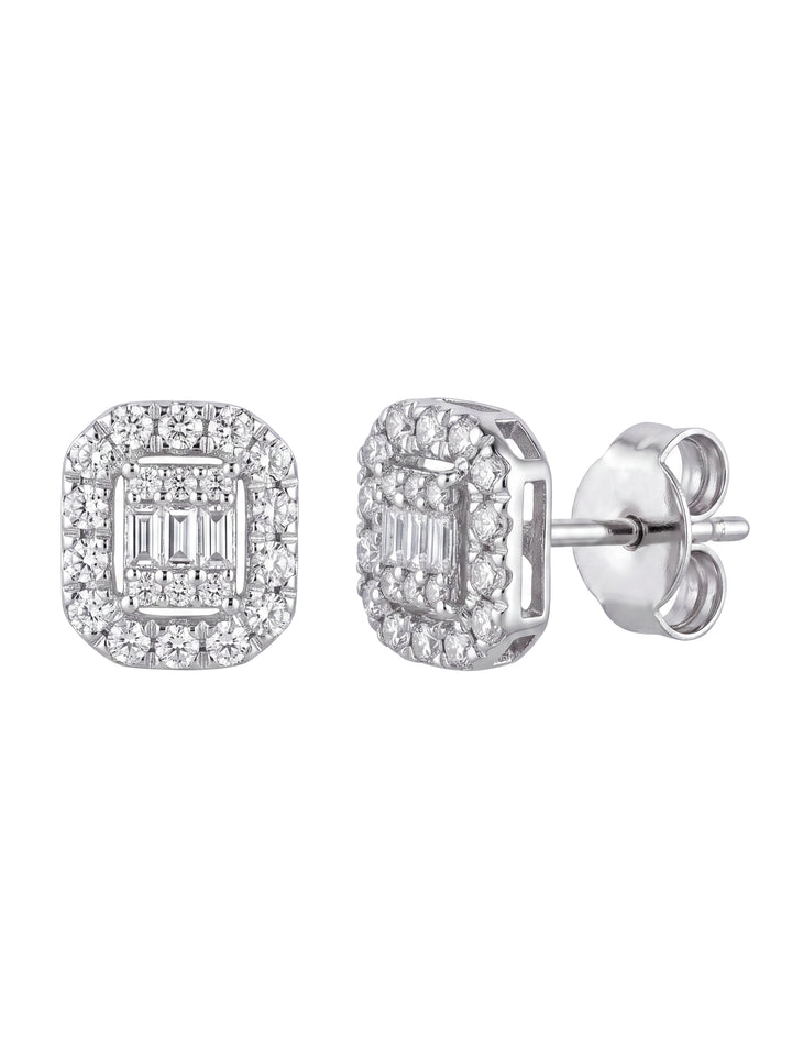 Par Arete Diamante Natural Corte Baguette y Redondo Con Halo 0.26 Ct