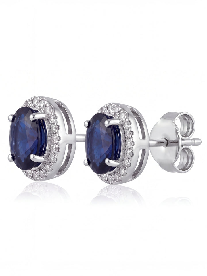 Par Arete Zafiro Corte Oval Con Halo De Diamantes 1.52 CTTW
