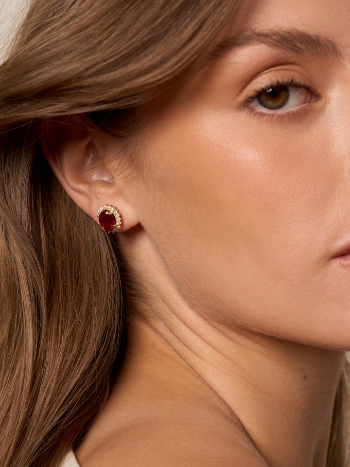 Par Arete Rubí Corte Ovalo Con Halo De Diamantes 5.55 CTTW
