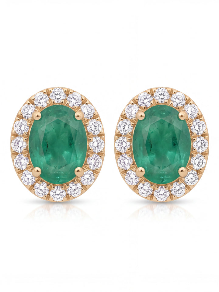 Par Arete Mini Esmeralda Corte Oval Con Halo De Diamantes 0.43 CTTW