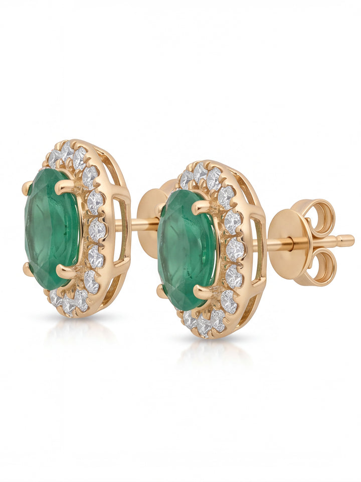 Par Arete Mini Esmeralda Corte Oval Con Halo De Diamantes 0.43 CTTW