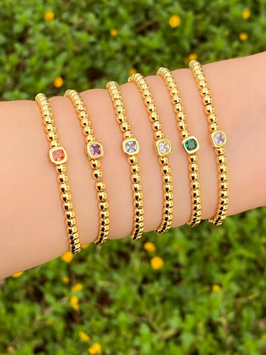 Pulsera Dorada Bolitas Birthstone Cuadrado