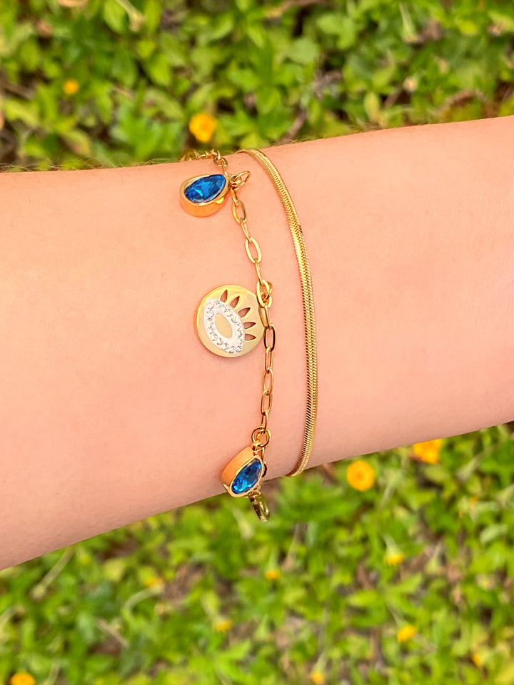 Pulsera Doble Con Dijes Ojos y Gotas Azules