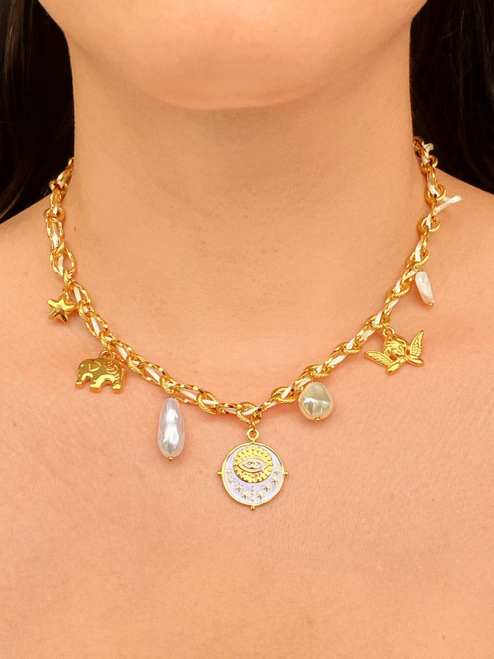 Collar Eslabones Enlazados Cordon Blanco Ojo y Angel