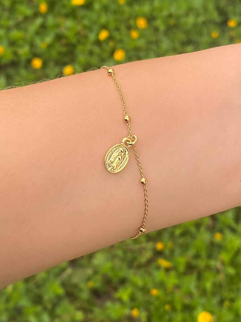 Pulsera Bolitas Con Dije Virgen