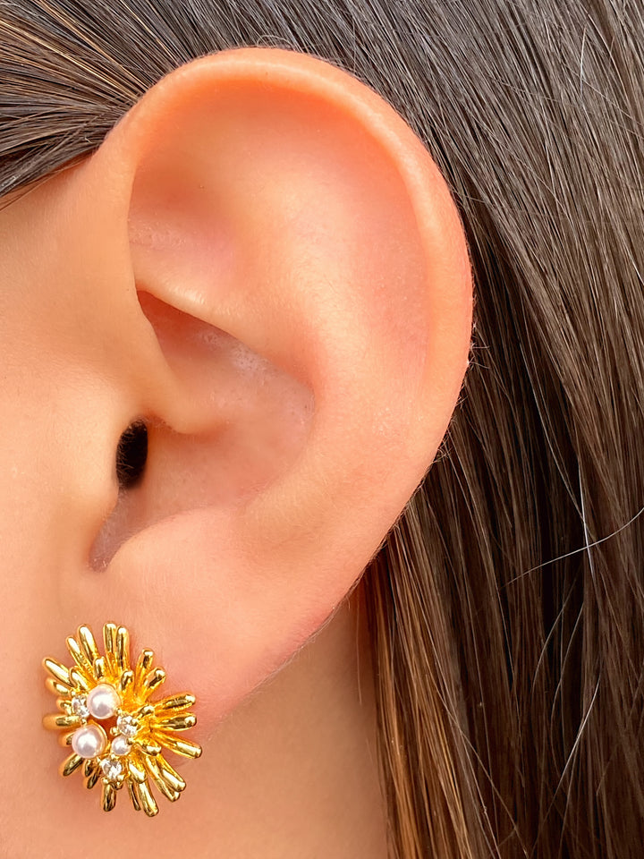 Par Arete Circular Lineas Con Perla Y Zirconia